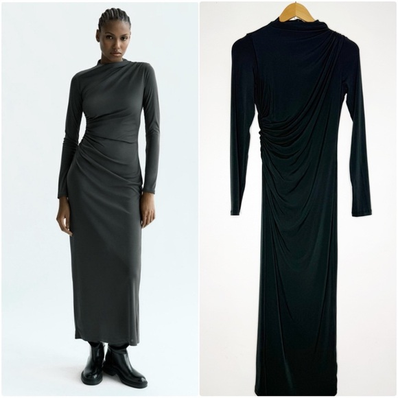 Zara Long Sleeve Drapped Midi Deep Green Dress Size Small NwT - Picture 1 of 5